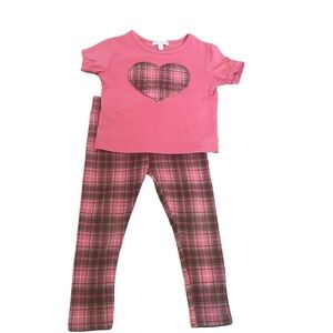 Btween Girl’s Pink and Brown Heart Top w/ Plaid pants Matching Set. Size: 3T.